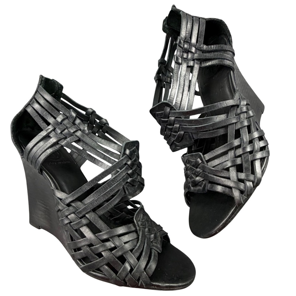 Tory Burch Black Leather Woven Cageโ Wedge Sandals Womens 9.5M Made in Brazil